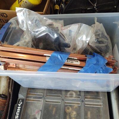 lot 156 - Husky organizer box with copper/brass/plumbing, Assorted plumbing/construction in bucket and bin