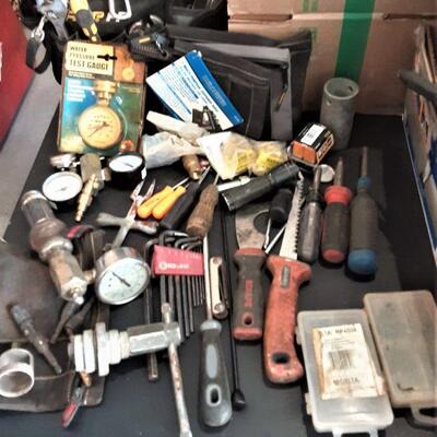 lot 158 =Tool bag with assorted plumbing, water test gauge, screwdrivers, cutters, wrench, etc. as shown