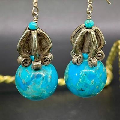 Pair of Swirled Turquoise Ball Drop Dangle Earrings