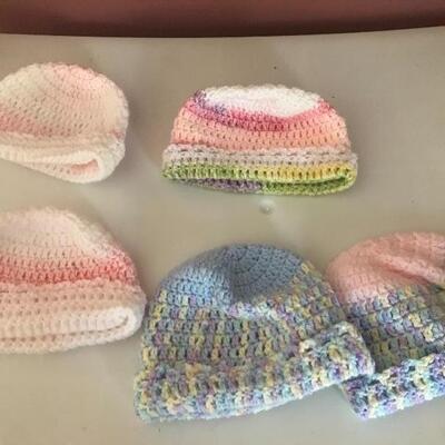 Lot 117B2:  Large lot of Crochet Newborn Hats, (Craft Fair Stock), Sewing, and Storage. 