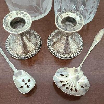 Lot 90F: Sterling Silver: Spoons, Candlesticks, Decanter 