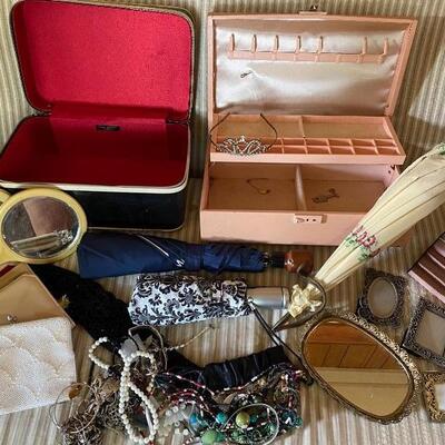 Lot MB148: Vintage Jewelry Box, Lancome Train Case, Mirror and More