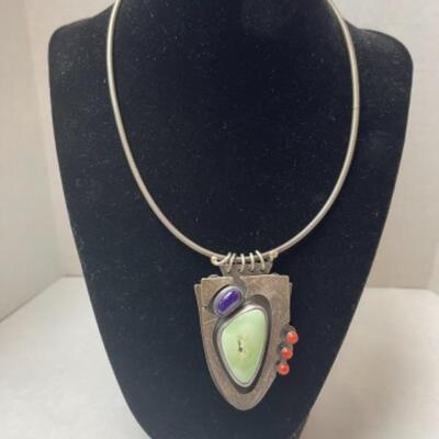 K641 Artisan Made Varisite, Coral, and Sugilite Pin Pendant 