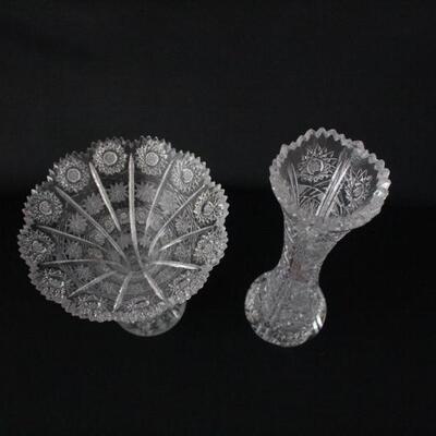 Lot #199: Vintage Brilliant Cut Crystal Compote and Corset Vase Set