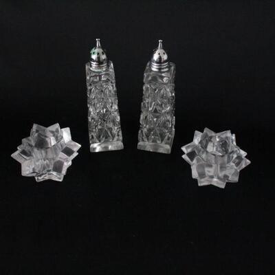 Lot #221: Glass Crystal Salt Shakers and Candle Holders 