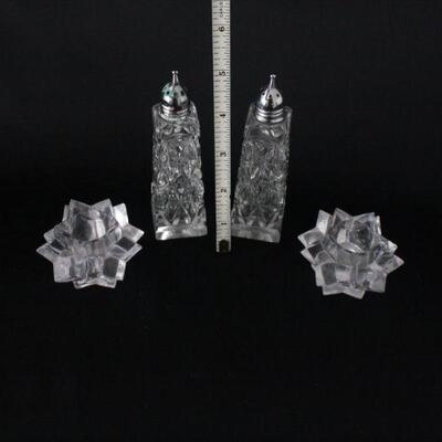 Lot #221: Glass Crystal Salt Shakers and Candle Holders 