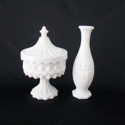 Lot #237: White Milk Glass Hobnail Candy Dish & Vase 