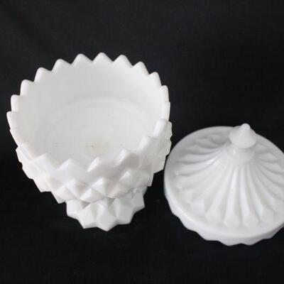 Lot #237: White Milk Glass Hobnail Candy Dish & Vase 