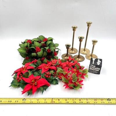 BRASS CANDLESTICKS AND CHRISTMAS MINI WREATHS LOT OF 13