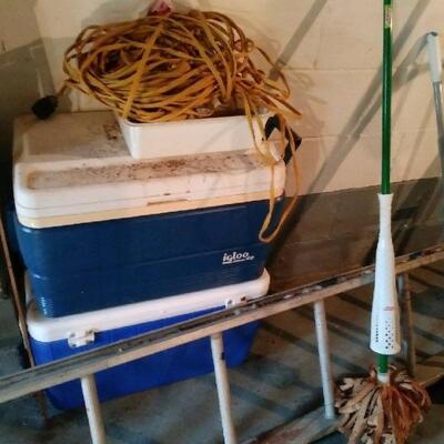 Lot 312: Coolers, Ladder, and Cleaning Supplies