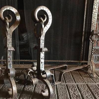 Lot 44D: Cast Iron Scrollwork MCM Fireplace Andirons, Screen, and Tools