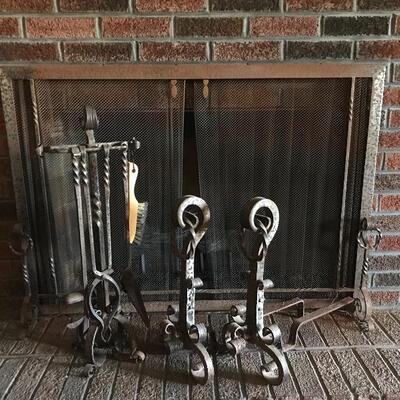 Lot 44D: Cast Iron Scrollwork MCM Fireplace Andirons, Screen, and Tools