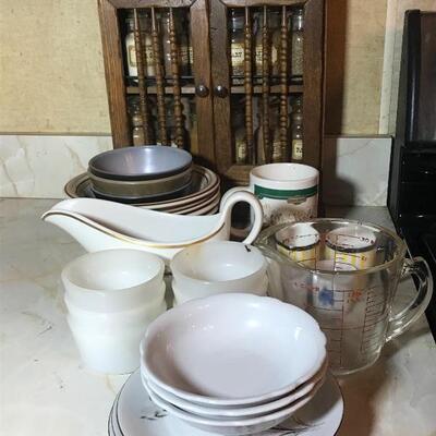 Lot 36K: Vintage Spice Rack, Fire King, Pyrex, and More