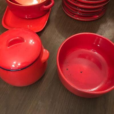 Lot 37K: MCM Fire Red Gerz Dishes: Salt & Pepper, Bean Crock, Divided Plates and More