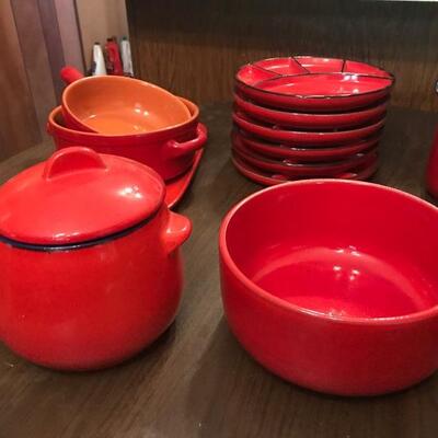 Lot 37K: MCM Fire Red Gerz Dishes: Salt & Pepper, Bean Crock, Divided Plates and More