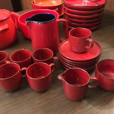 Lot 37K: MCM Fire Red Gerz Dishes: Salt & Pepper, Bean Crock, Divided Plates and More