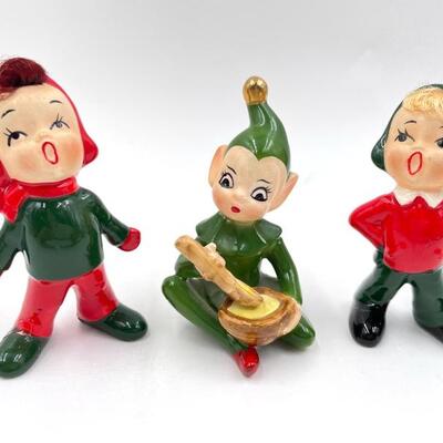 VINTAGE JOSEF ORIGINALS GREEN PIXIE ELF AND CHRISTMAS CAROLERS FIGURINES SET OF 3