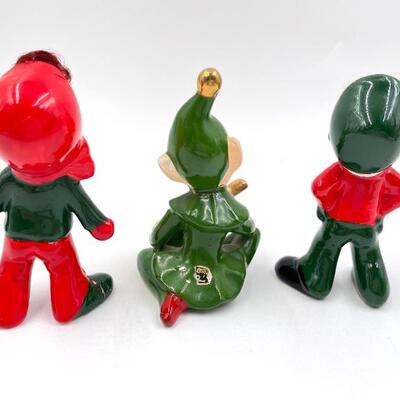 VINTAGE JOSEF ORIGINALS GREEN PIXIE ELF AND CHRISTMAS CAROLERS FIGURINES SET OF 3