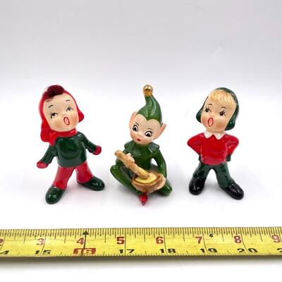 VINTAGE JOSEF ORIGINALS GREEN PIXIE ELF AND CHRISTMAS CAROLERS FIGURINES SET OF 3