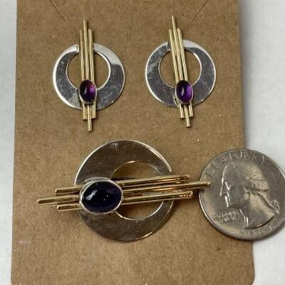 K649 Sterling Gold Filled and Amethyst Earring / Brooch Set   