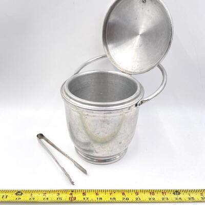 VINTAGE ALUMINUM ICE BUCKET AND TONGS