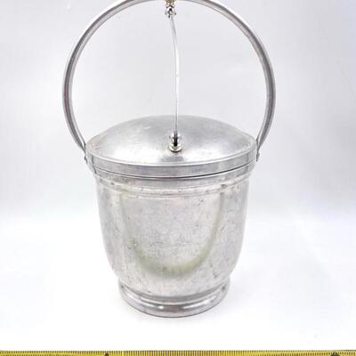 VINTAGE ALUMINUM ICE BUCKET AND TONGS