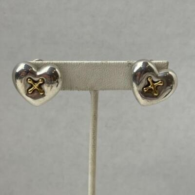 K650 18k Yellow Gold  and Sterling Heart Shaped Pierced Earrings 