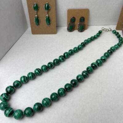 K657 Malachite Necklace with Three Pairs of Earrings 