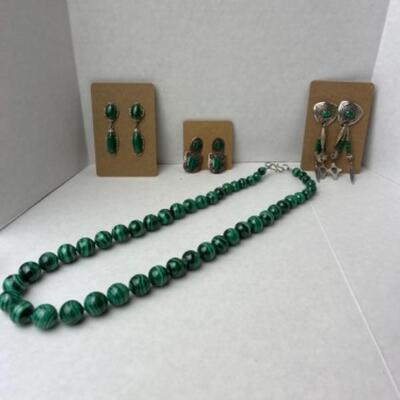 K657 Malachite Necklace with Three Pairs of Earrings 