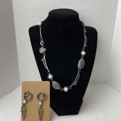 K659 Sterling, 14k Yellow Gold, Pearl Necklace and Earrings by Linda Steinworth