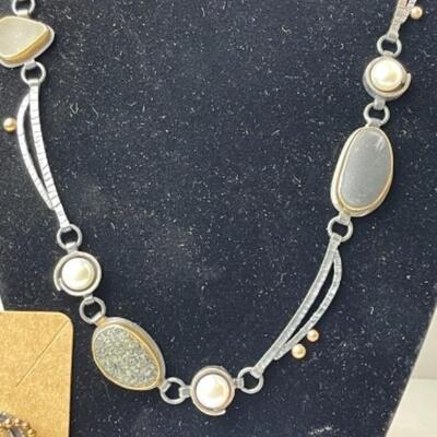 K659 Sterling, 14k Yellow Gold, Pearl Necklace and Earrings by Linda Steinworth