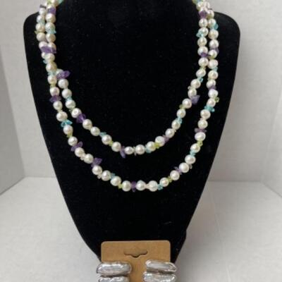 K661 Sterling Pearl, Amethyst Necklace and Earring Set 