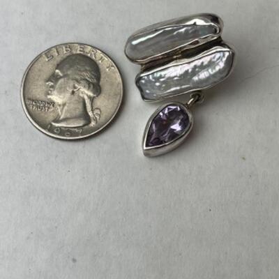 K661 Sterling Pearl, Amethyst Necklace and Earring Set 