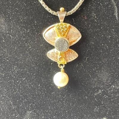 K660 Sterling 14k Yellow Gold Pearl Necklace Earring Set by Sally Craig 