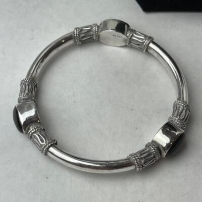 K663 Sterling Silver Link Necklace with Black Onyx Slip-On Bangle Bracelet 