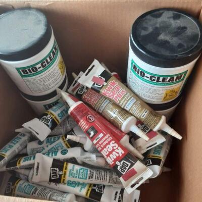 lot 171 -Box of caulk, (4)Bioclean, Kwik Seal Pluss, etc.