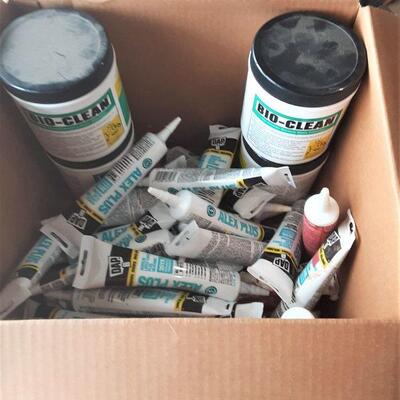 lot 171 -Box of caulk, (4)Bioclean, Kwik Seal Pluss, etc.