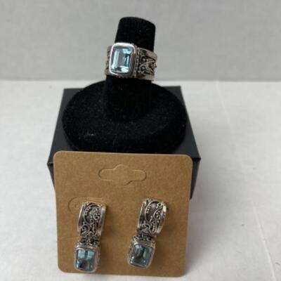 K667 Sterling Silver Blue Topaz Ring And Earring Set 