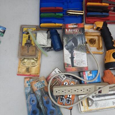 lot 172 Gray Bin/contents as shown - flashlights, furniture movers, spade, knife sharpening kit, multisand, paintbrushes, etc.