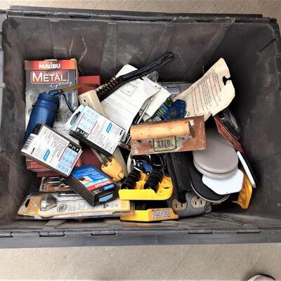 lot 172 Gray Bin/contents as shown - flashlights, furniture movers, spade, knife sharpening kit, multisand, paintbrushes, etc.
