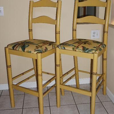 Pair Tropical Motif Faux Bamboo Bar Stools