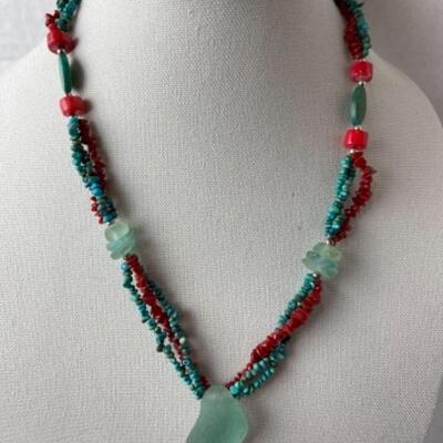 K675 Sterling Sea glass, Coral, Turquoise 24â€ Necklace 