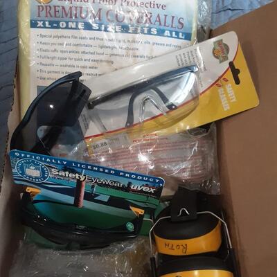 lot 180 - Disposable overalls,, 6 safety glasses, ear protection,  check valve assembly