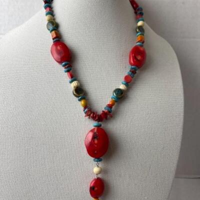 K676 Chunky Coral, Turquoise, Stone 22â€ Necklace 