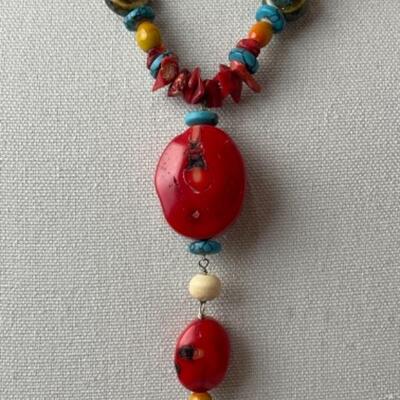 K676 Chunky Coral, Turquoise, Stone 22â€ Necklace 