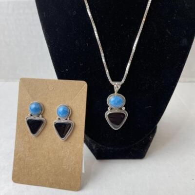 K677 Sterling Silver Black Onyx Denim Lapis Necklace Set 