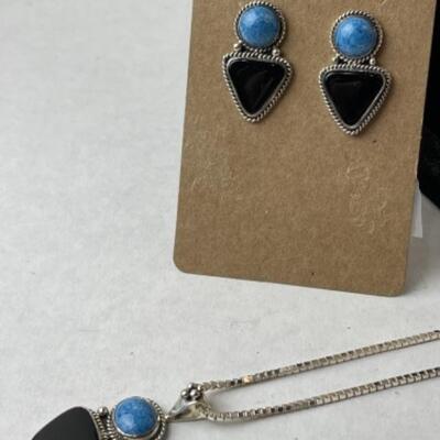K677 Sterling Silver Black Onyx Denim Lapis Necklace Set 