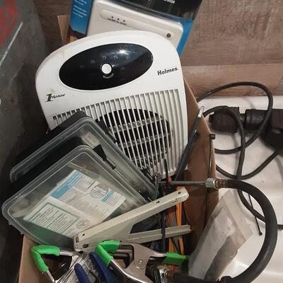 lot 184 - Box of assorted items - fan, alarm siren, kits, air guage, alert, fastener kit, clamps, etc
