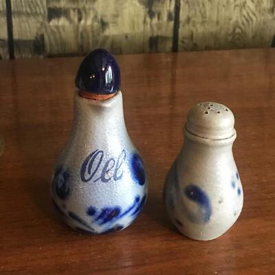 Lot 46D:  Salt Glaze Pottery and Blue Hobnail Glass Lamps