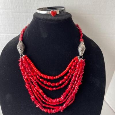 K679 Sterling Coral Necklace and Bracelet by Barse 